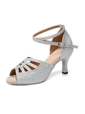 Women's Satin Rhinestone Dance Heels Salsa Ballroom Wedding Shoes